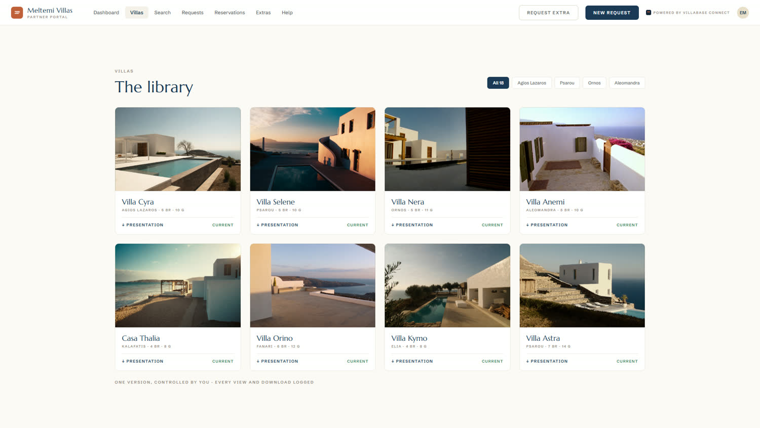 Villabase Connect villa library with photography and per-villa detail — demo data
