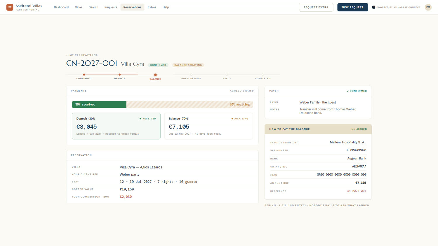 Villabase Connect reservation detail with the commission ledger and payment schedule — demo data