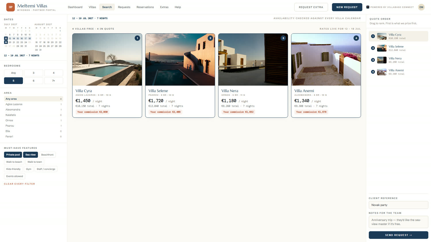 Villabase Connect availability search across villas and dates, showing rates — demo data