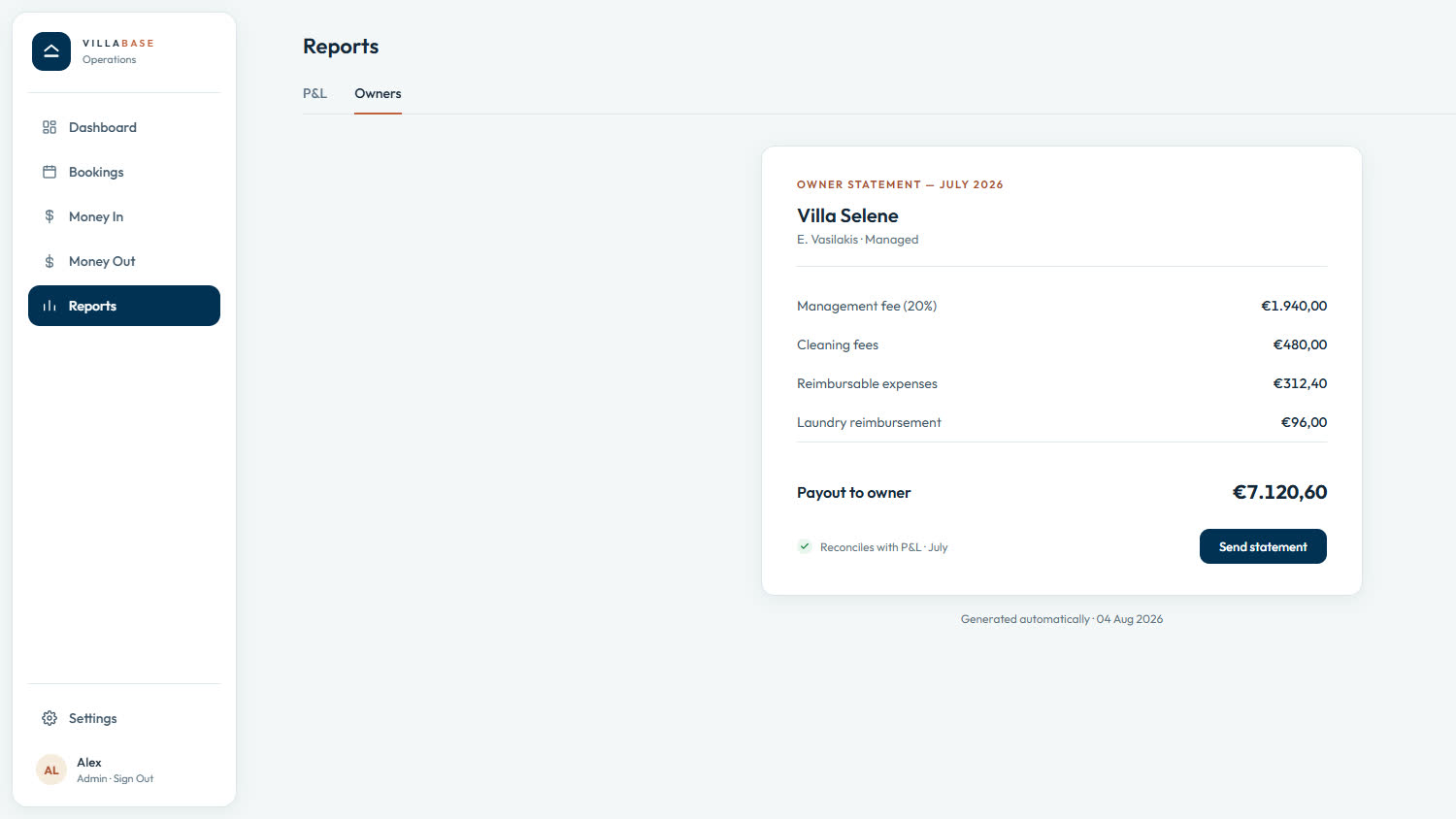 Villabase Flow owner statement for one villa, generated from the profit and loss — demo data